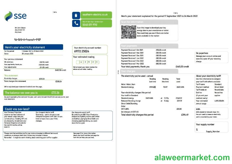 United Kingdom SSE Energy utility bill, Word and PDF template, 4 pages 1 2